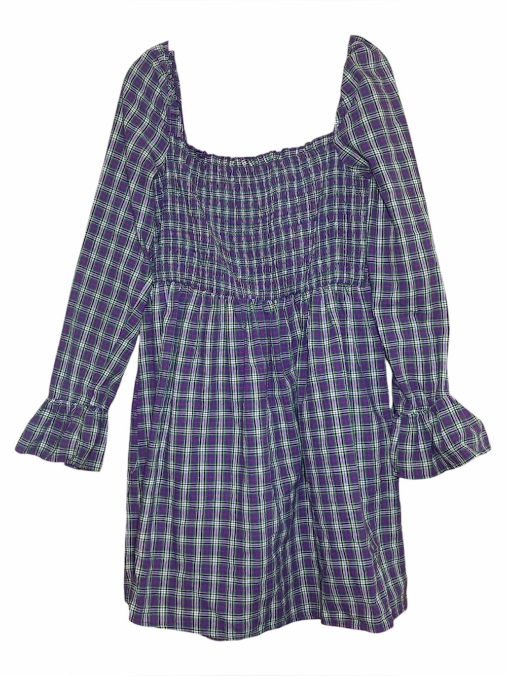 Boohoo Purple Plaid Smocked Mini Dress Cottagecore Babydoll Size 10